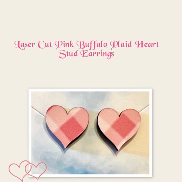 Laser Cut Pink Buffalo Plaid Heart Stud Earrings, Valentines Earrings - Picture 1 of 2